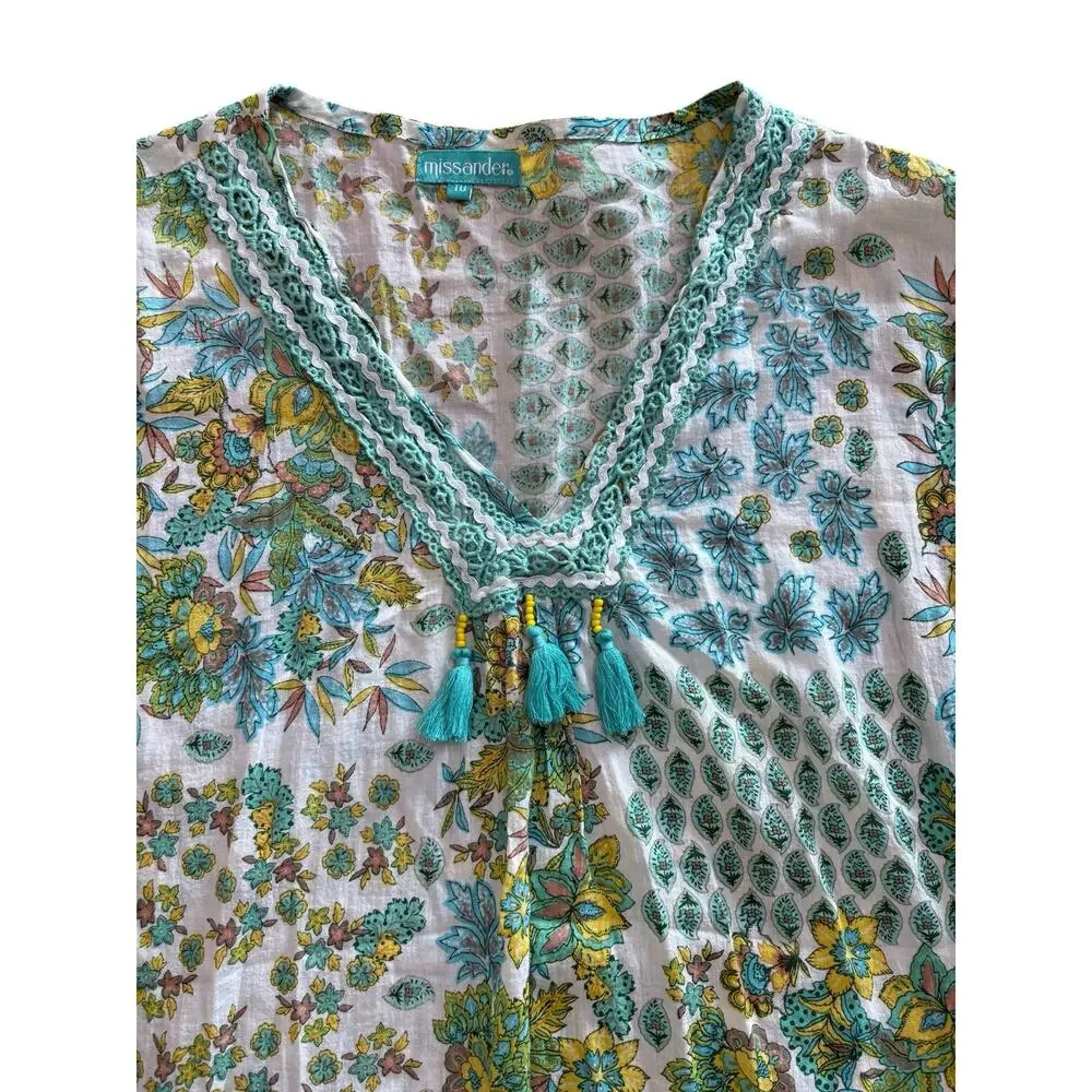 Missander Women’s cotton cover-up, green, turquoise, tassels, one size